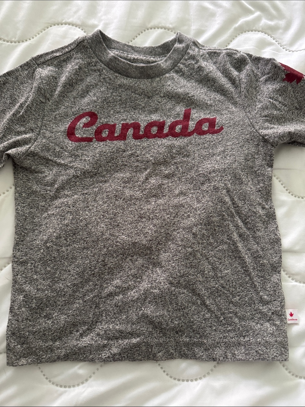 Canadiana Kids Grey Tee with Red "Canada" Script